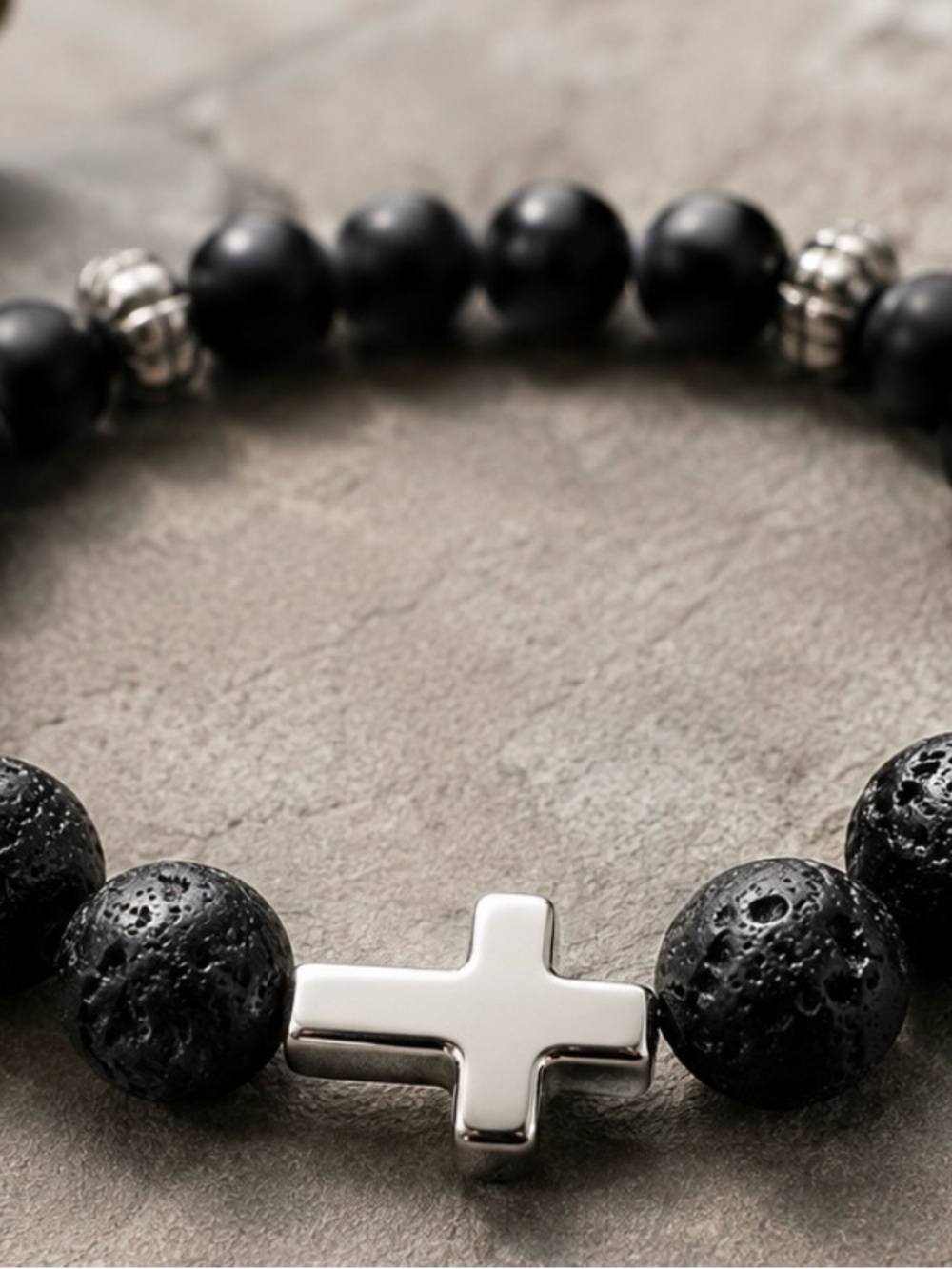 Handmade Women’s Black Lava Stone Cross Bracelet Gothic Alt.